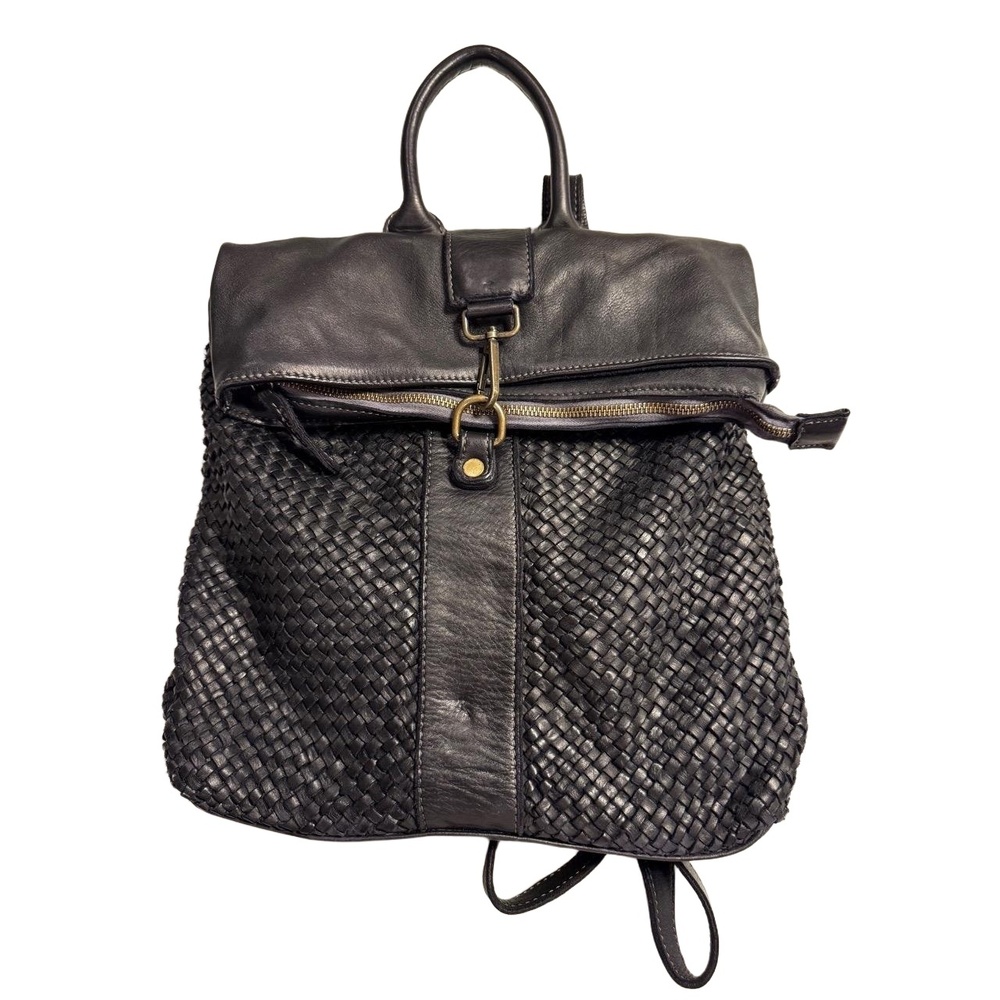 Black Woven Leather Backpack with Top Handle - Unbranded